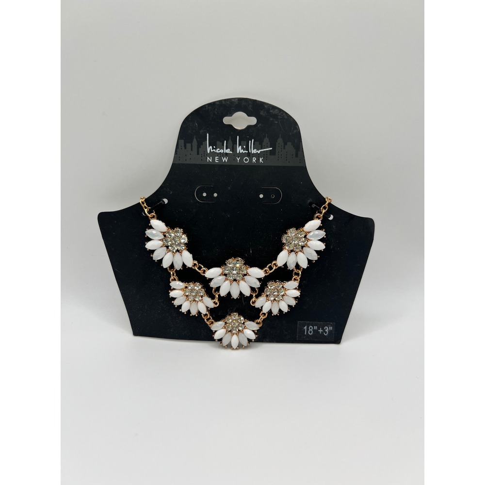 Nicole Miller Gold‎ W White Flower Rhinestones Bib Necklace 18" NEW Boho Y2K